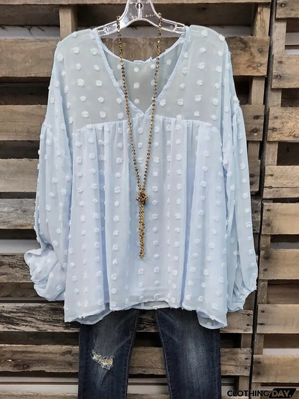 Women's Long Sleeve V Neck Breathable Polka Dot Jacquard T-Shirt Top