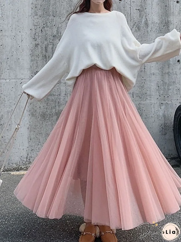 Women's Skirt Swing Tulle Long Skirt Maxi Black Pink Khaki Beige Skirts Pleated Layered Tulle Vintage Elegant Street S M L