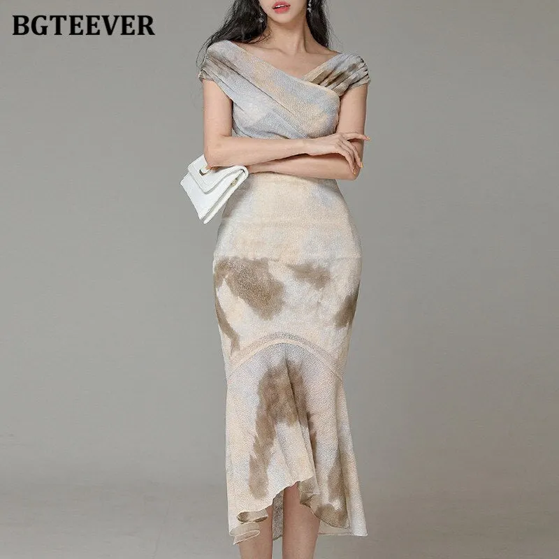 BGTEEVER Elegant Ladies 2 Pieces Skirt Set V-neck Slim Women Tops & High Waist Irregular Mermaid Skirts 2021 Summer