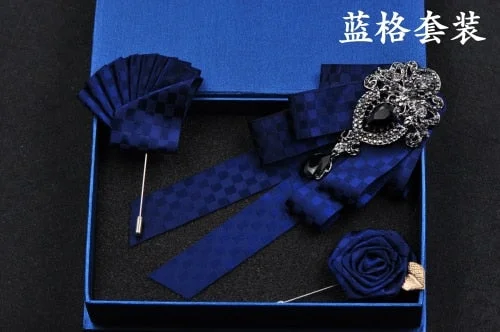 High-quality Fashion Handmade Red Diamond Bow Tie Wedding Collar Bowtie Brooch Pocket Towel Square Set Gifts for Men Accessories