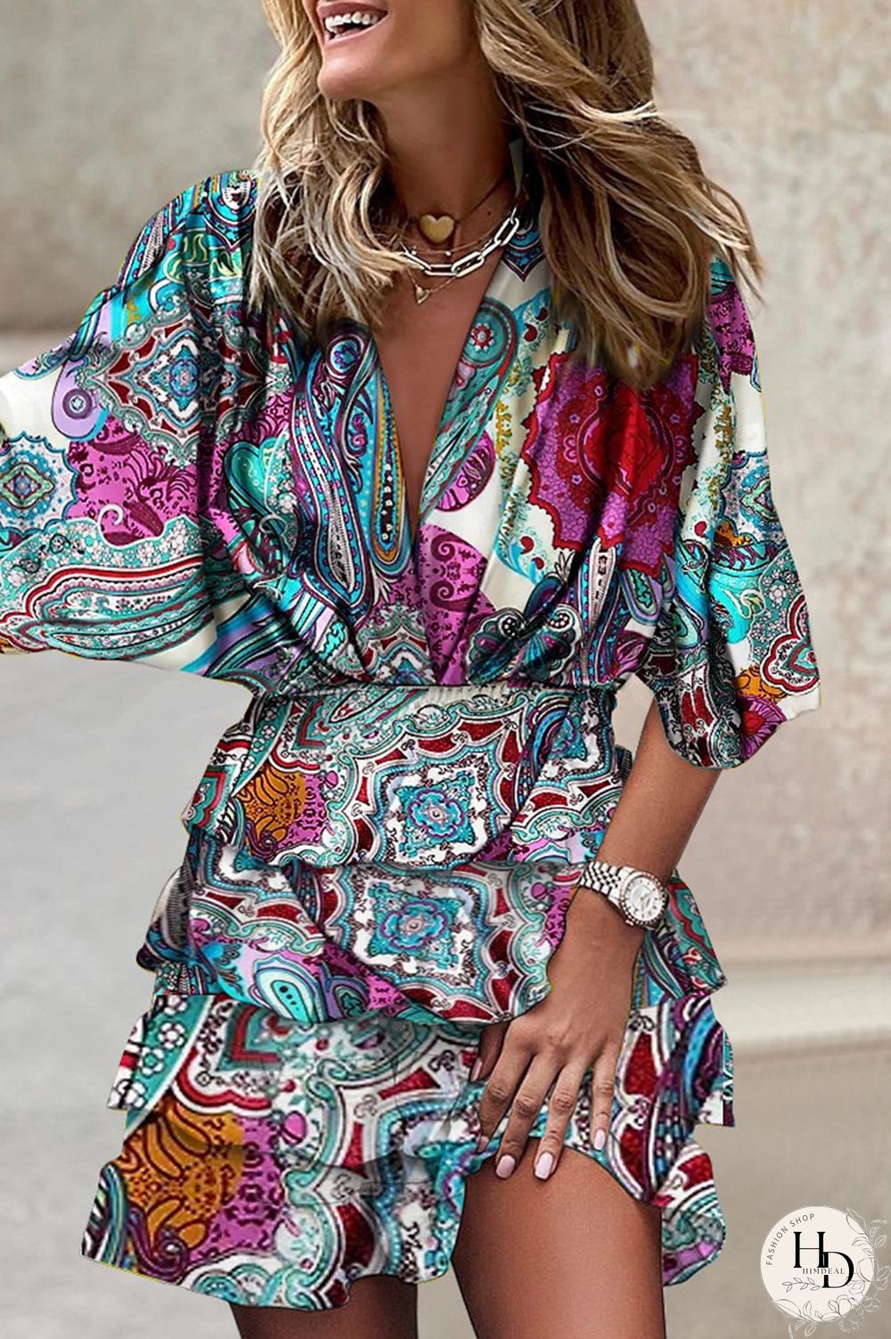 Blue Fashion Casual Print Patchwork V Neck Printed Dress