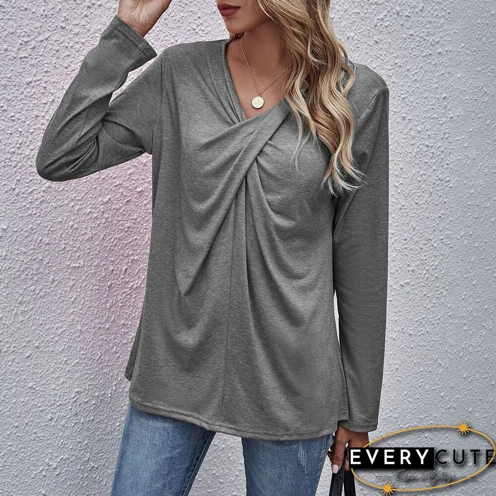 Autumn Spring Tops Women Casual Long Sleeve Cross Neck T-Shirts Fashion Female Stitching Tees Loose Pullover Solid Tops