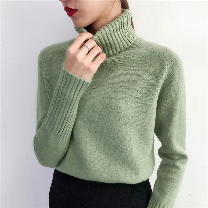 SURMIITRO Cashmere Knitted Sweater Women 2021 Autumn Winter Korean Turtleneck Long Sleeve Pullover Female Jumper Green Knitwear