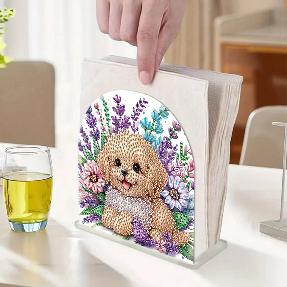DIY Puppy Flower Diamond Painting Acrylic Napkin Rack Decor for Home Office Decor