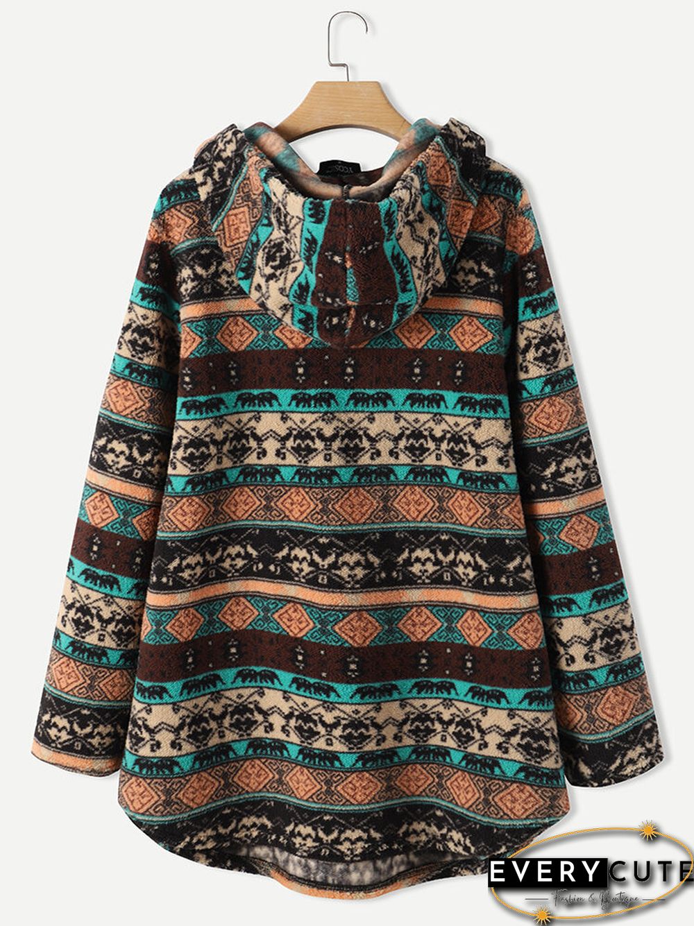 Vintage Ethnic Pattern Print Pocket Hooded Casual Coat for Women