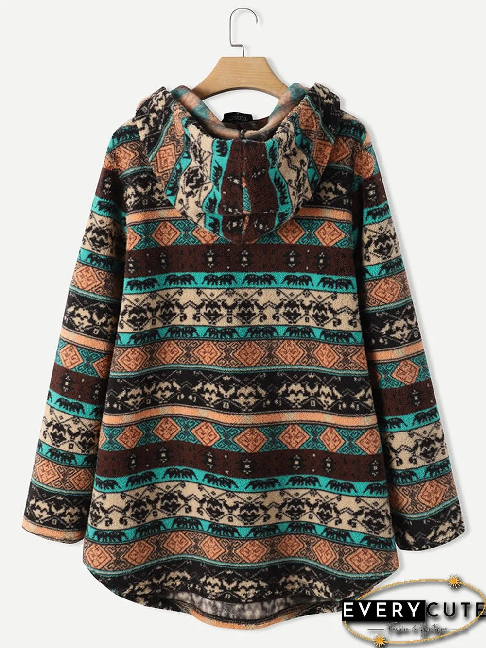 Vintage Ethnic Pattern Print Pocket Hooded Casual Coat for Women