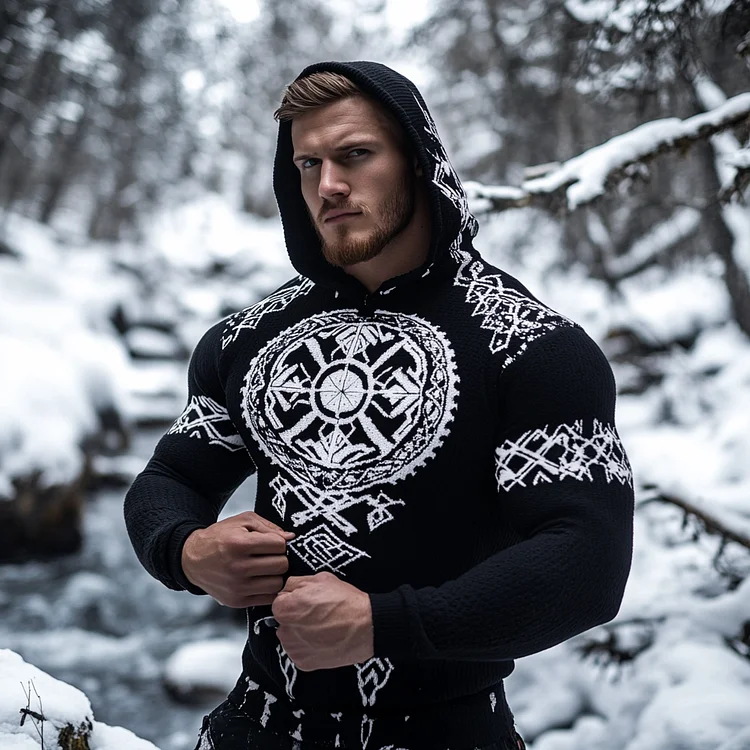 Men's Viking Tribal Celtic Contrast Cozy Knit Hooded Sweater