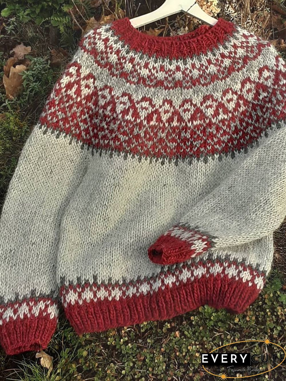 Vintage Ethnic Winter Daily Plus Size Long sleeve Crew Neck Cotton-Blend Sweater for Women