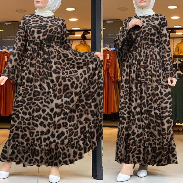 Women Muslim Dubai Islam Kaftan Flota Robe Leopar Printed Baggy Ruffle Hem Elegant Maxi Dress