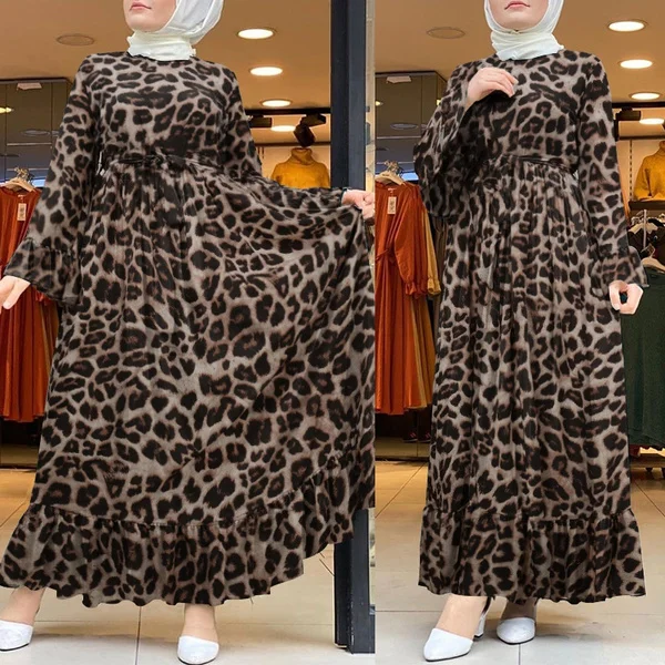 Women Muslim Dubai Islam Kaftan Flota Robe Leopar Printed Baggy Ruffle Hem Elegant Maxi Dress