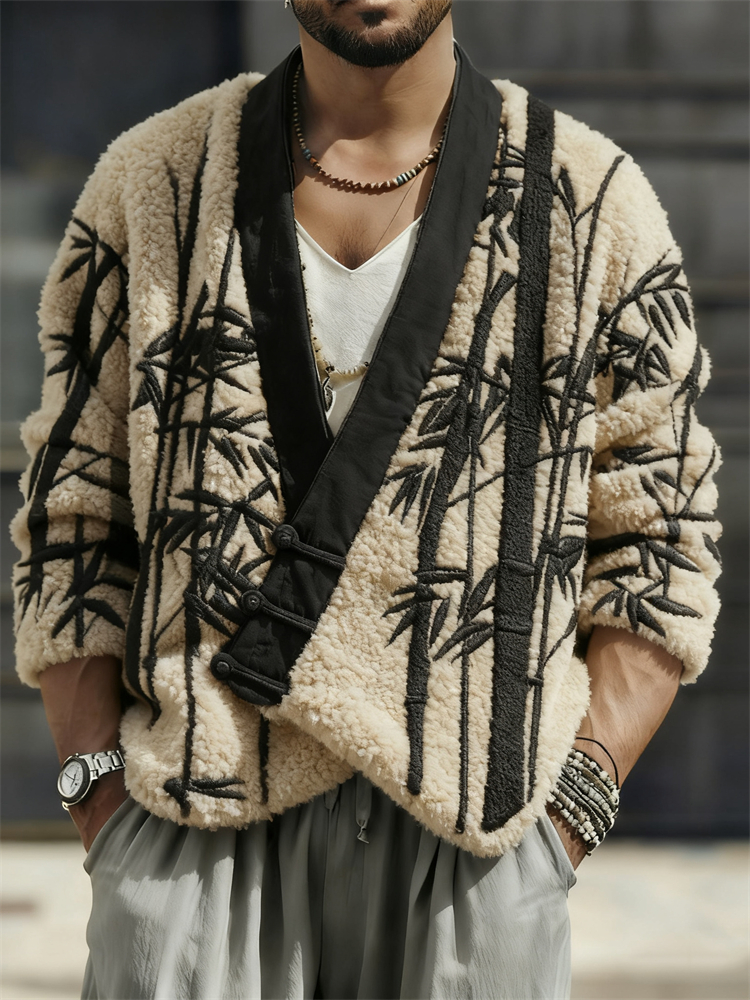 Men's Japanese Bamboo Lino Embroidered Cozy Fleece Kimono Cardigan  artssus