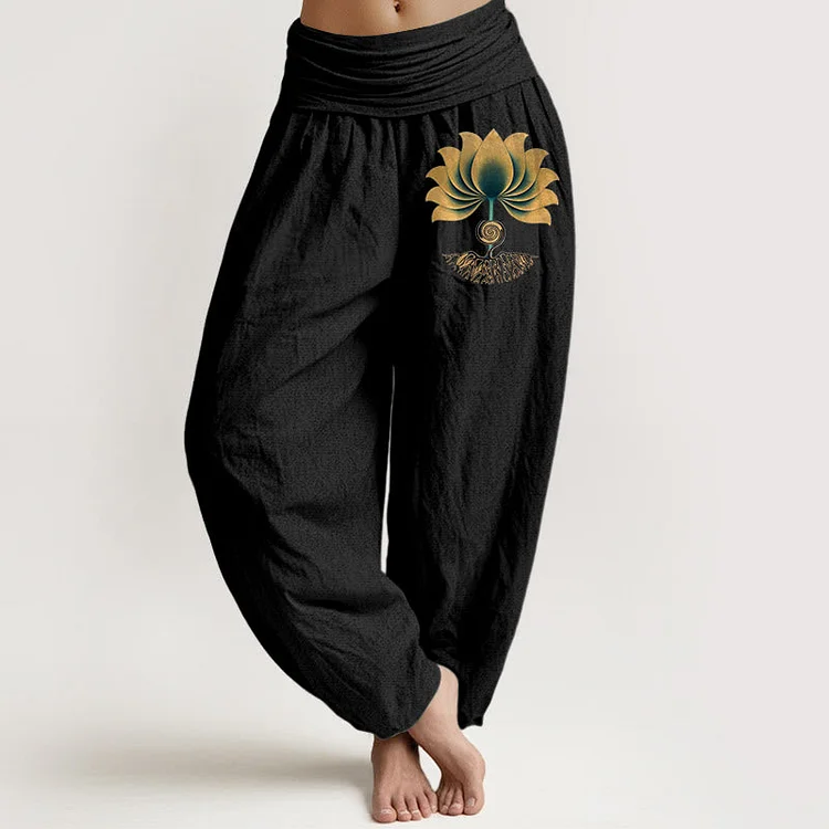 Cotton Harmonious Color Scheme Lotus Pattern Women's Elastic Waist Harem Pants