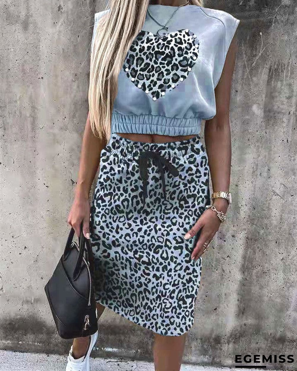 Women's Leopard Print Sleeveless Jacket Dress Two-piece Suit T-shirt | EGEMISS