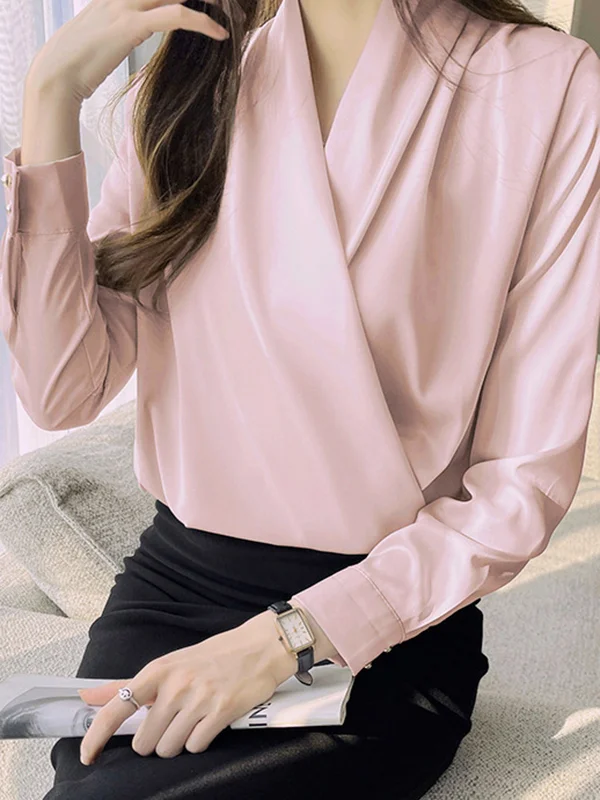 Buttoned Solid Color Long Sleeves Loose V-Neck Blouses&Shirts Tops