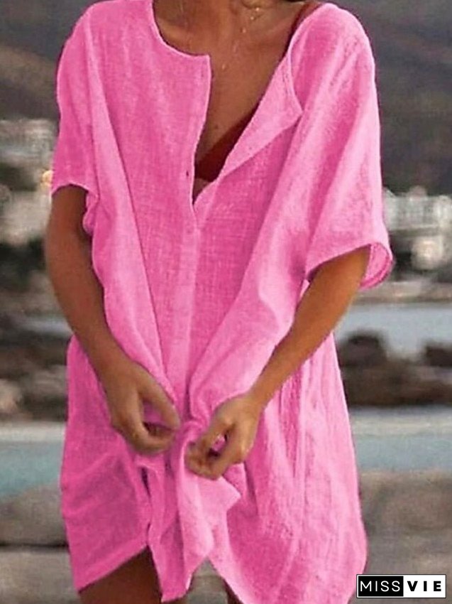 Women's Casual Dress Shirt Dress Cotton Linen Dress Mini Dress Blue Purple Pink Short Sleeve Pure Color Spring Summer V Neck Beach Basic Daily Weekend Loose Fit Linen S M L XL XXL 3XL