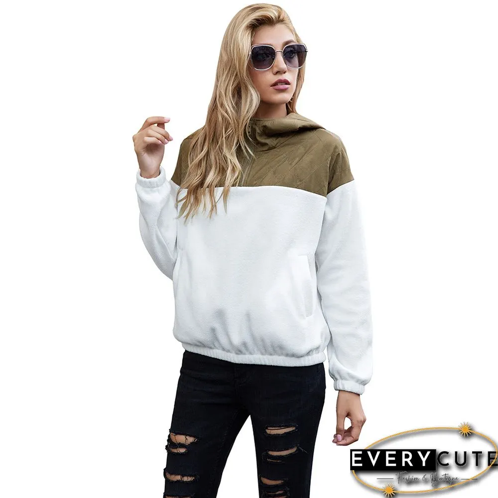 White Colorblock Zipper Fuzzy Pullover Sweatshirt