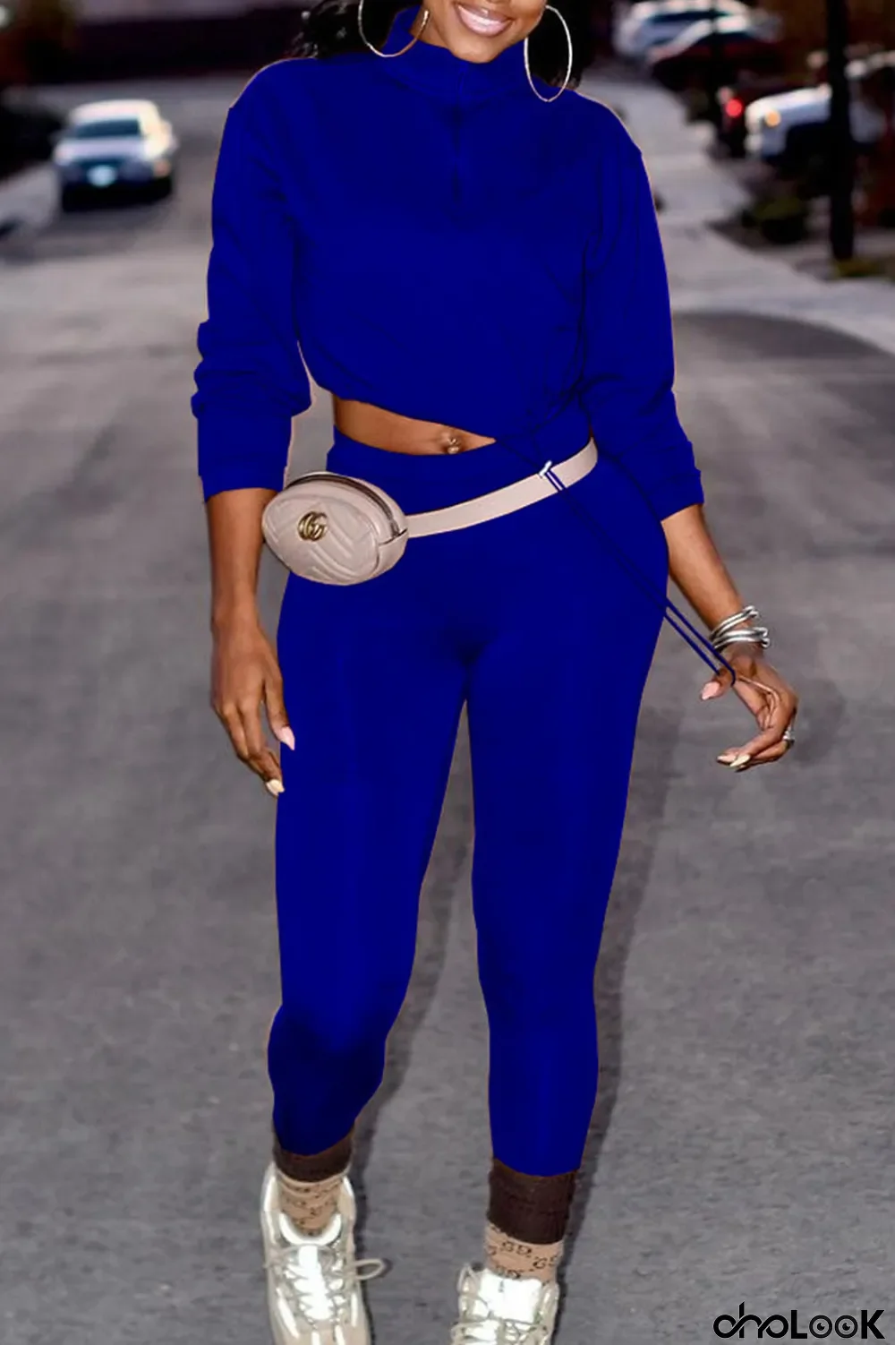 Blue Casual Solid Split Joint Zipper Collar Long Sleeve Two Pieces(Without Belt)