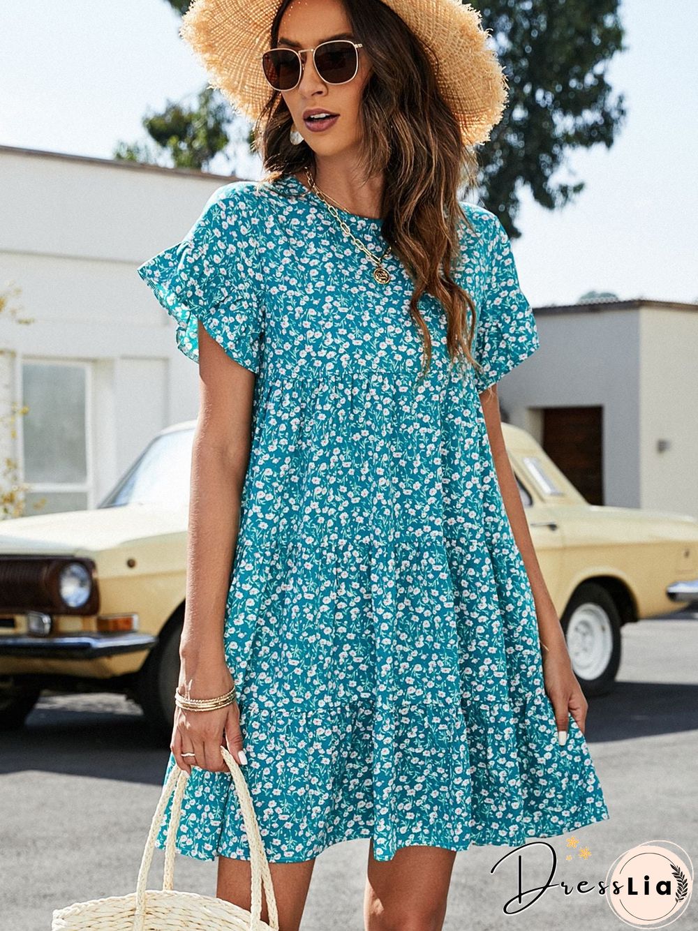 Floral Round Neck Casual Loose Dress