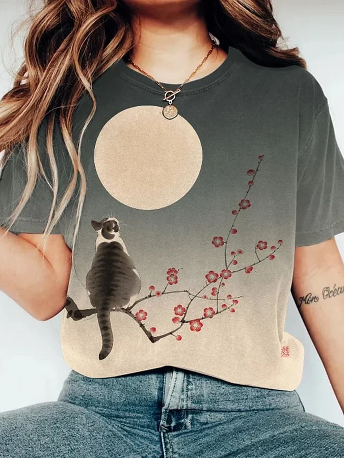 Women's Vintage Cat Print T-Shirt