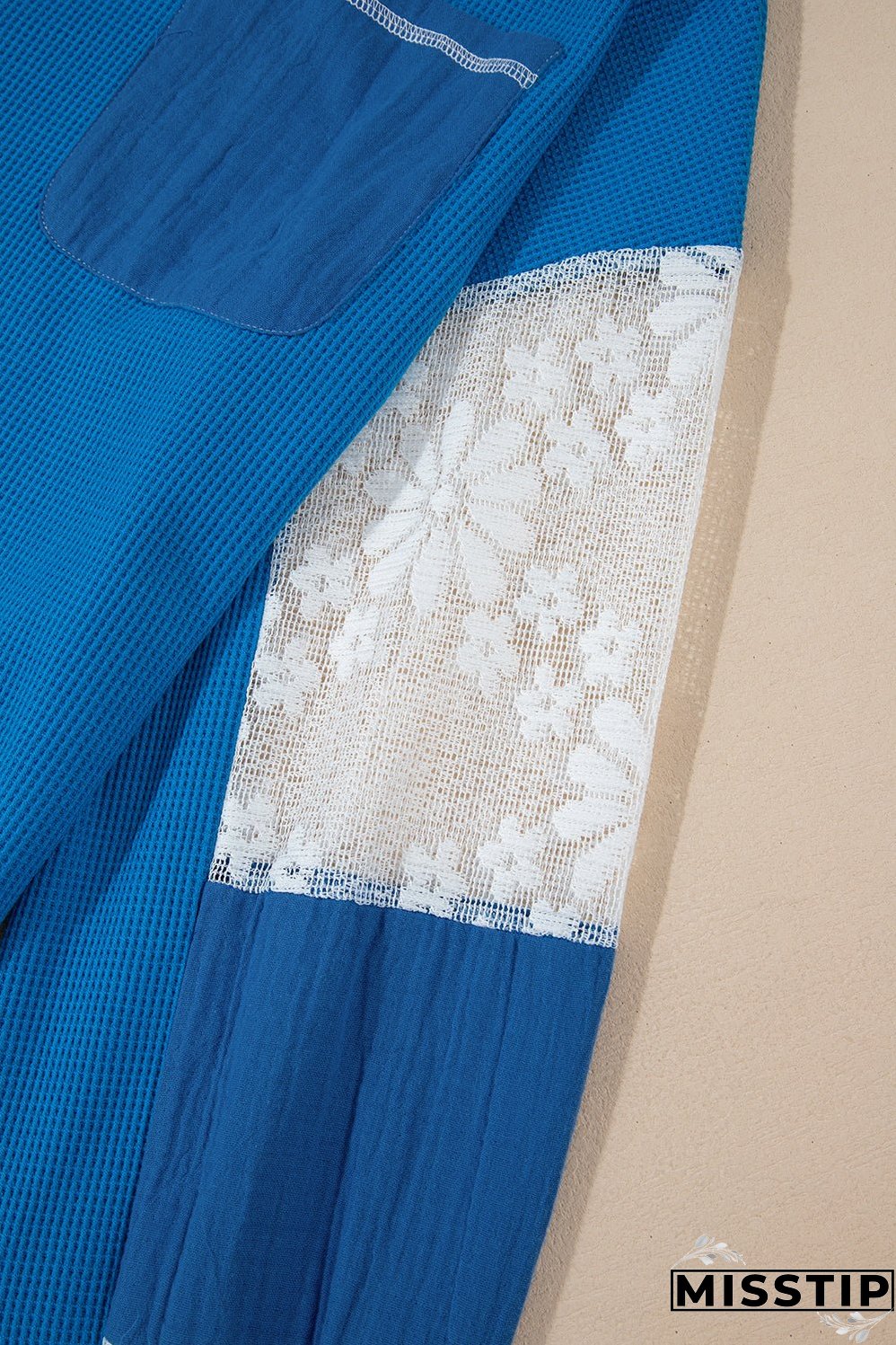 Sky Blue Lace Floral Patchwork Sleeve Stitching V Neck Rib Knit Blouse