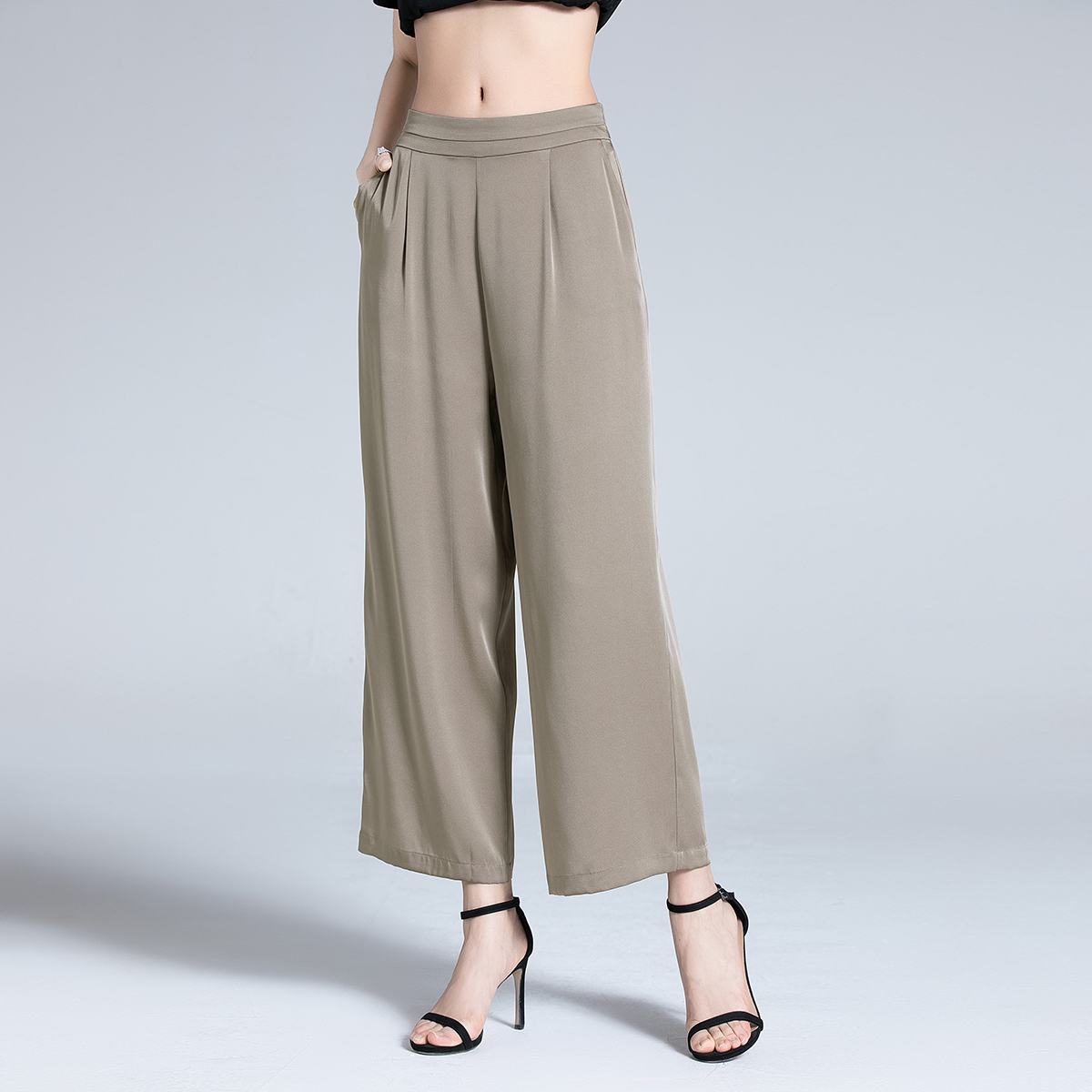 Work Silk Wide Leg Pants with Pull-On for Women REAL SILK LIFE