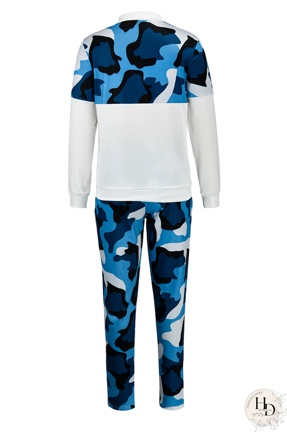 Blue Casual Camouflage Print Patchwork Zipper Collar Long Sleeve Two Pieces