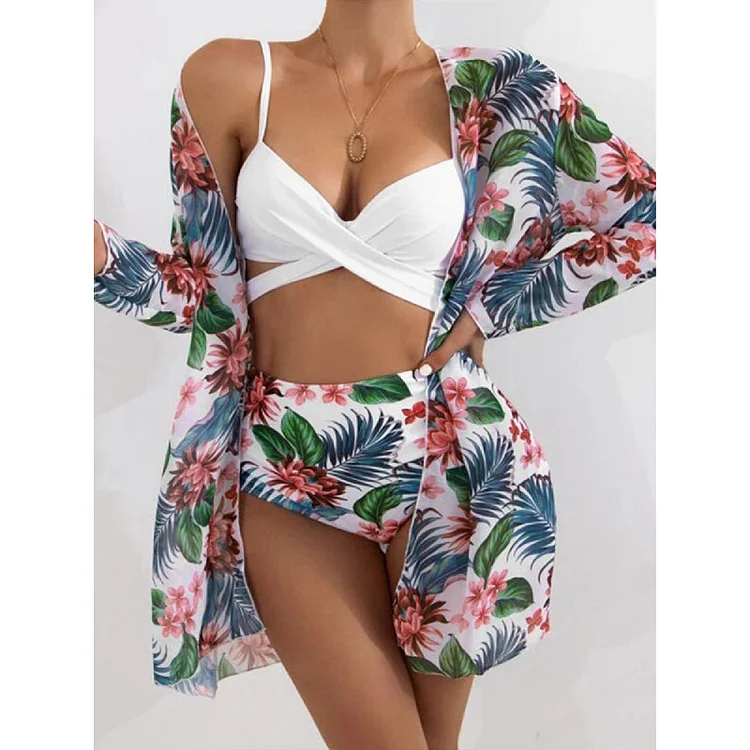 V Neck Sling Leaf Flower Printed Bikini Swimsuit Three-piece Set