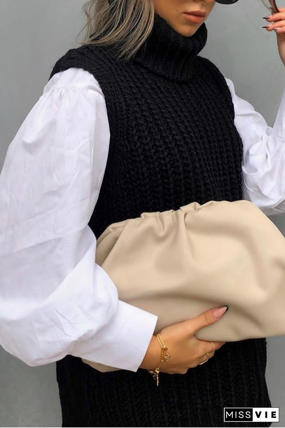 Turndown Collar Sleeveless Casual Sweater