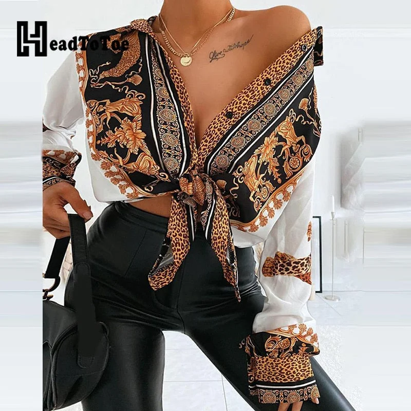 Graduation Gifts  Baroque Leopard Print Casual Shirt Women Turn-down Collar Long Sleeve Casual Blouse Tops Streetwear