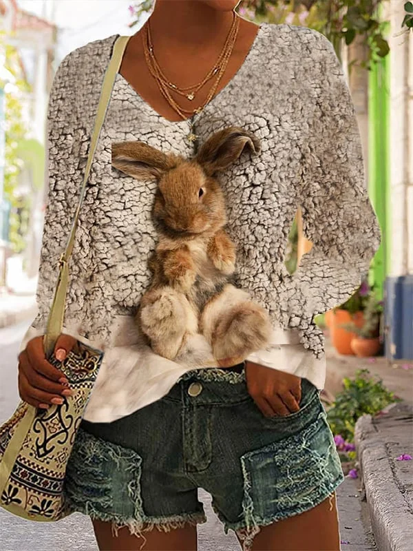 Trendy Bunny Print Long-Sleeved Top
