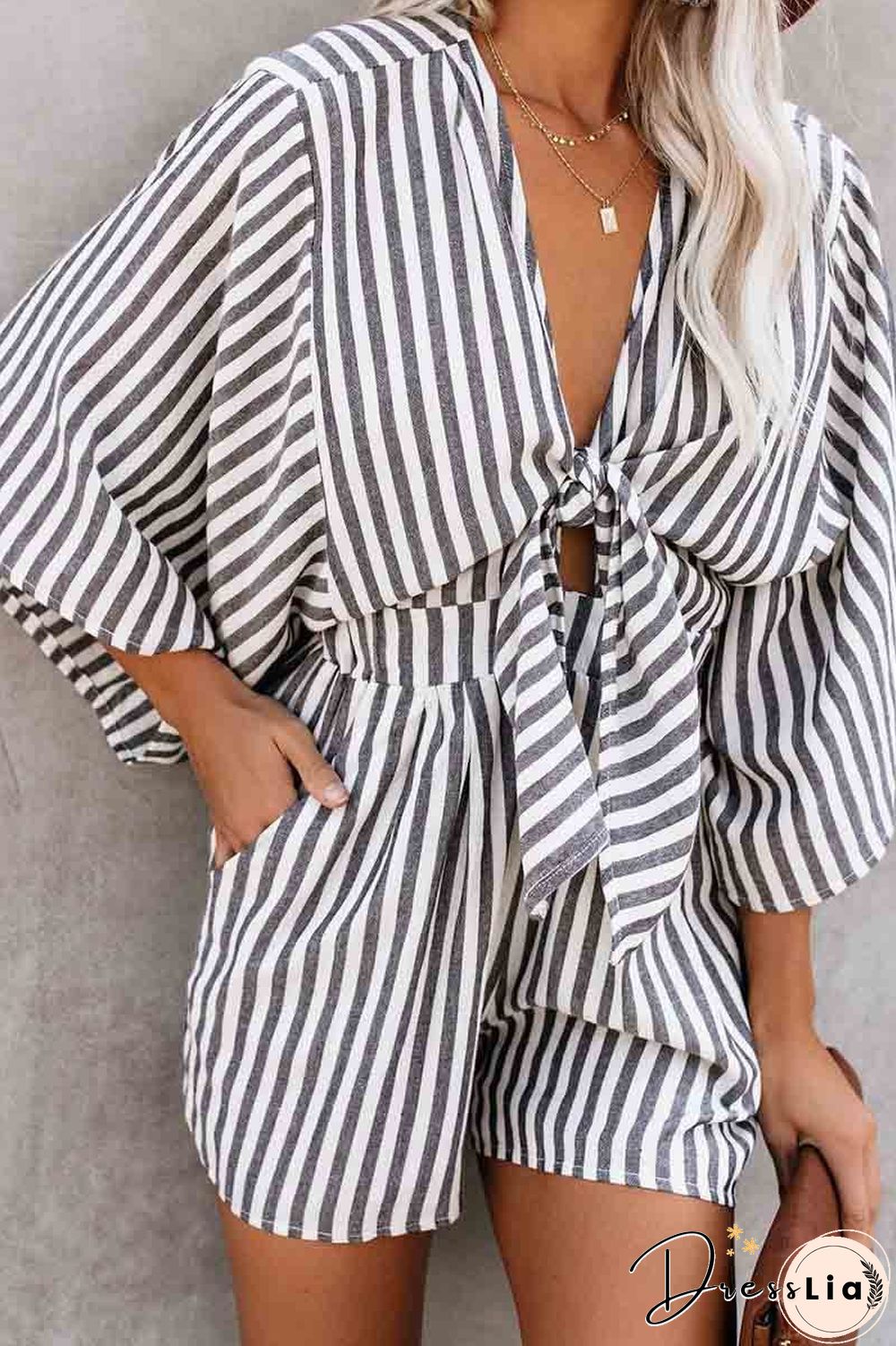 Striped Short Sleeve Loose Jumpsuit