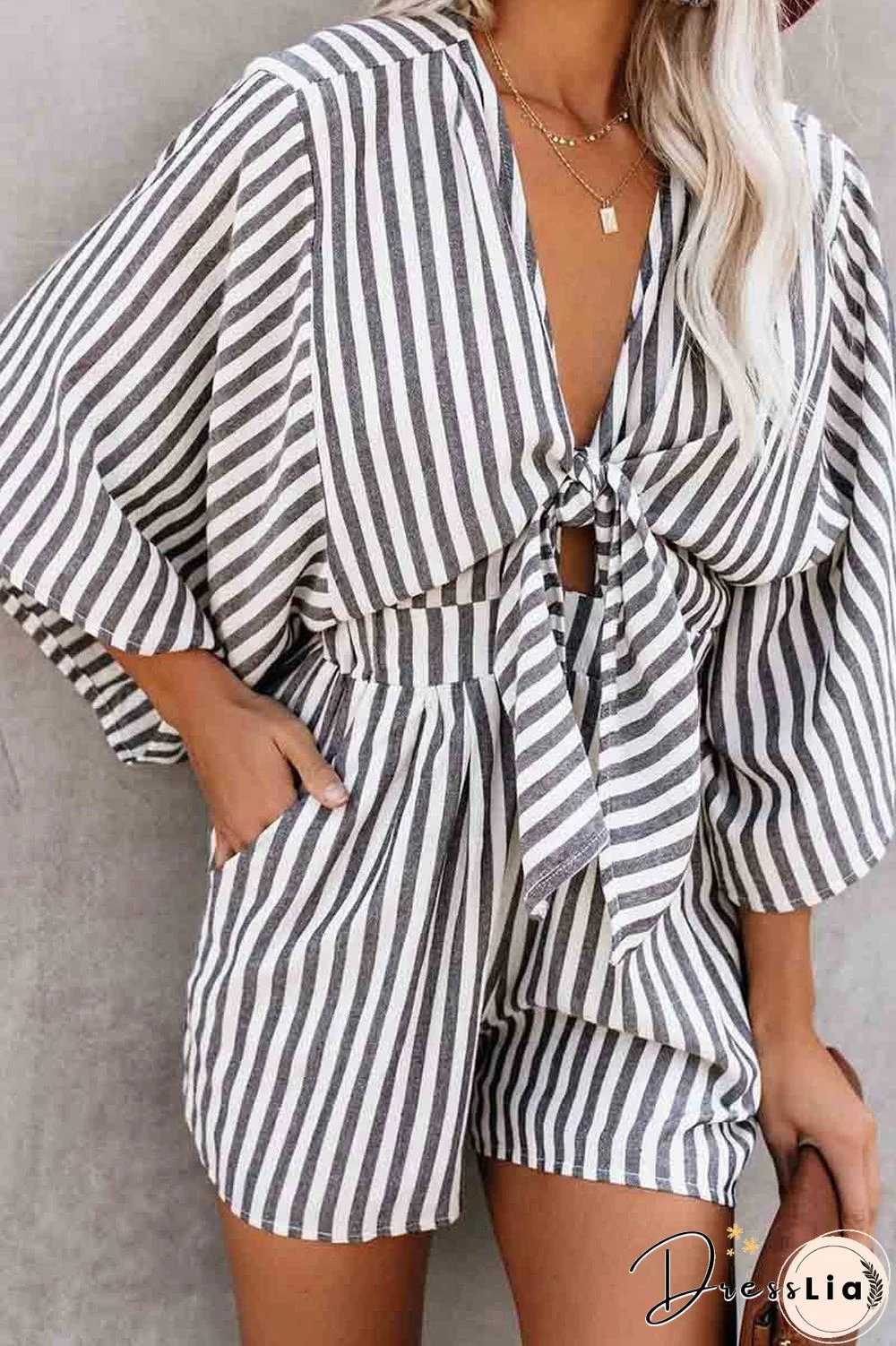 Striped Short Sleeve Loose Jumpsuit