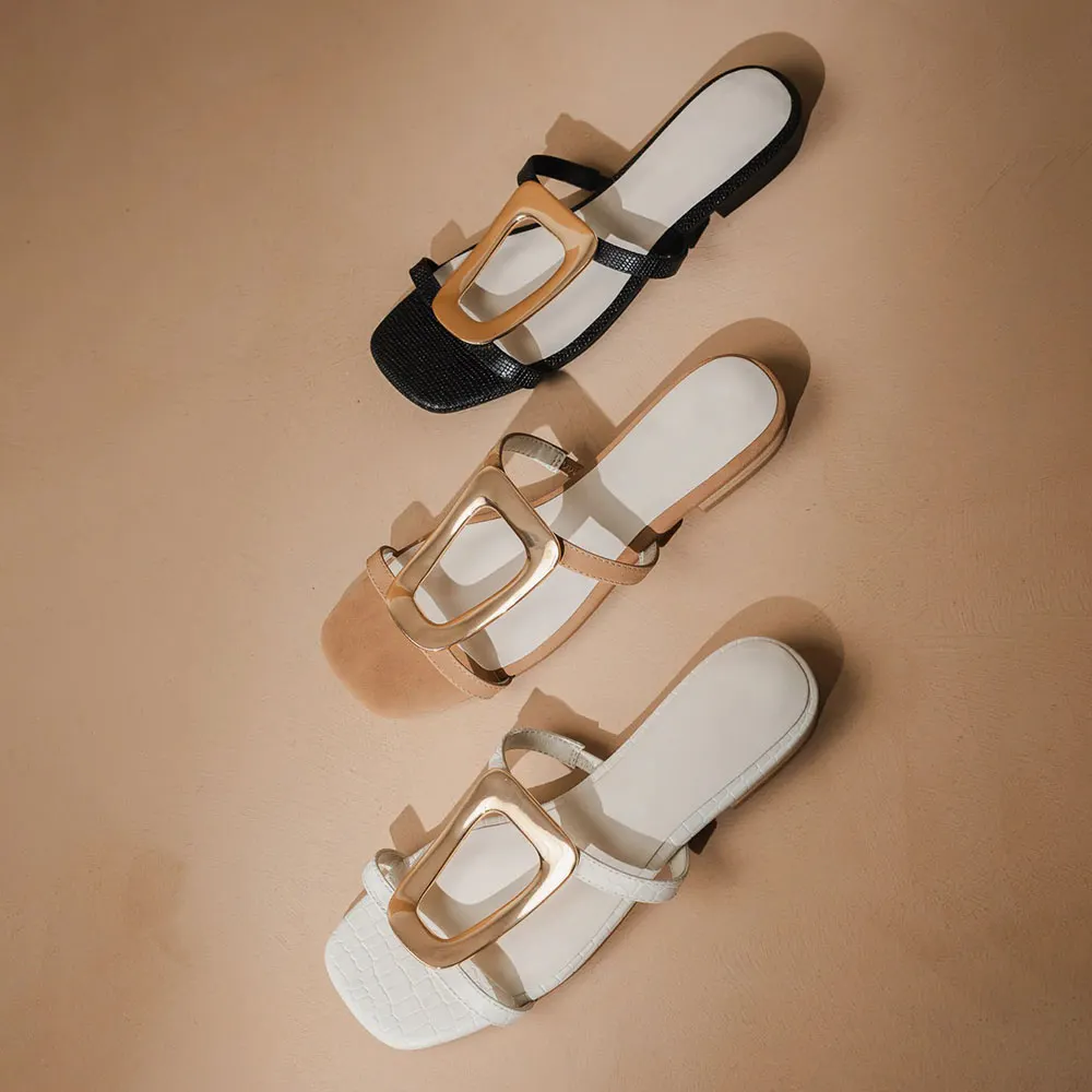 Square Toe Buckle Flat Embossed Slip On White Sandals for Women