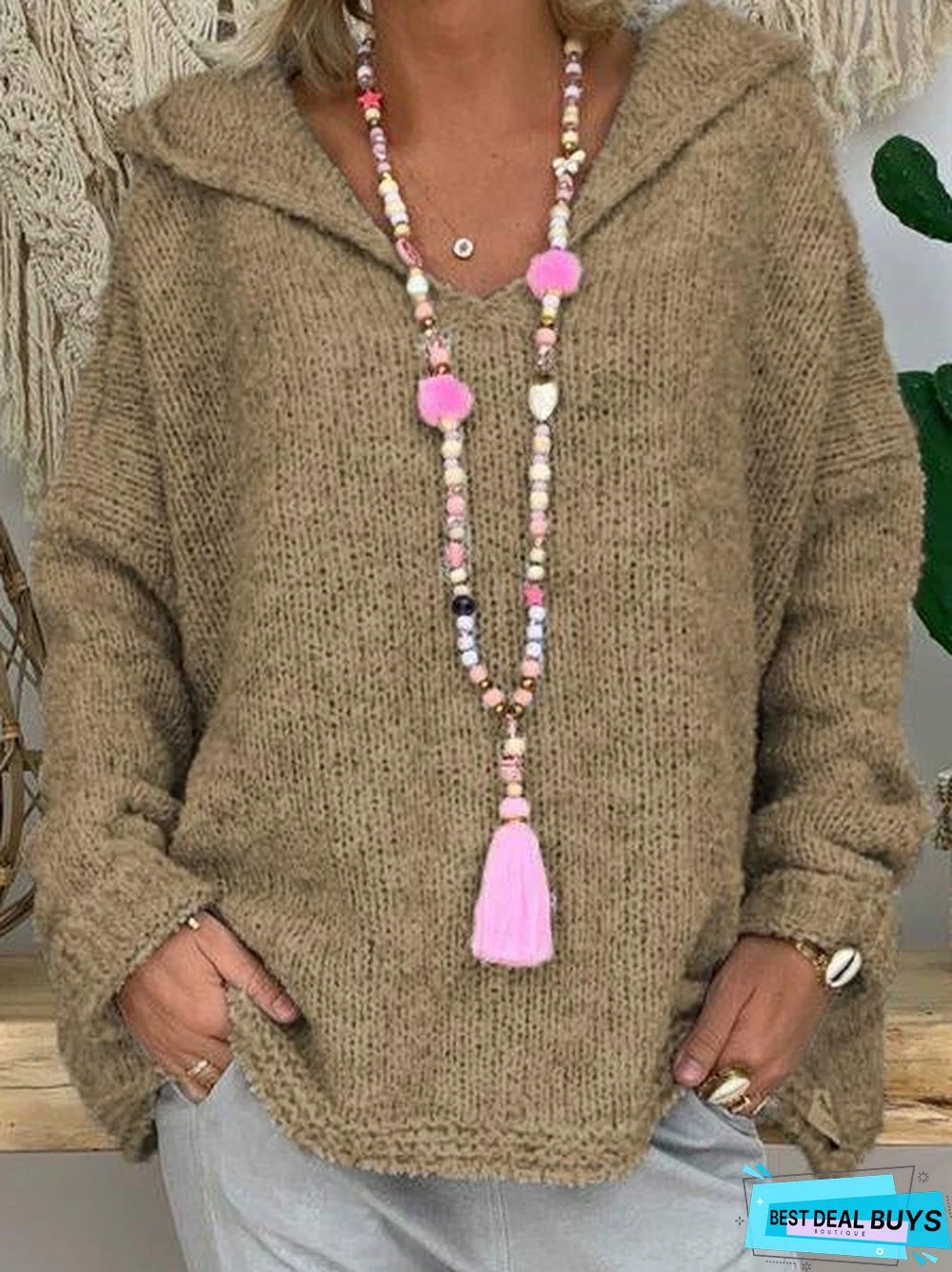 Casual Solid Shift Knitted Hoodie Sweater