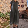 Robe trapèze ample en coton et lin de grande taille de couleur unie