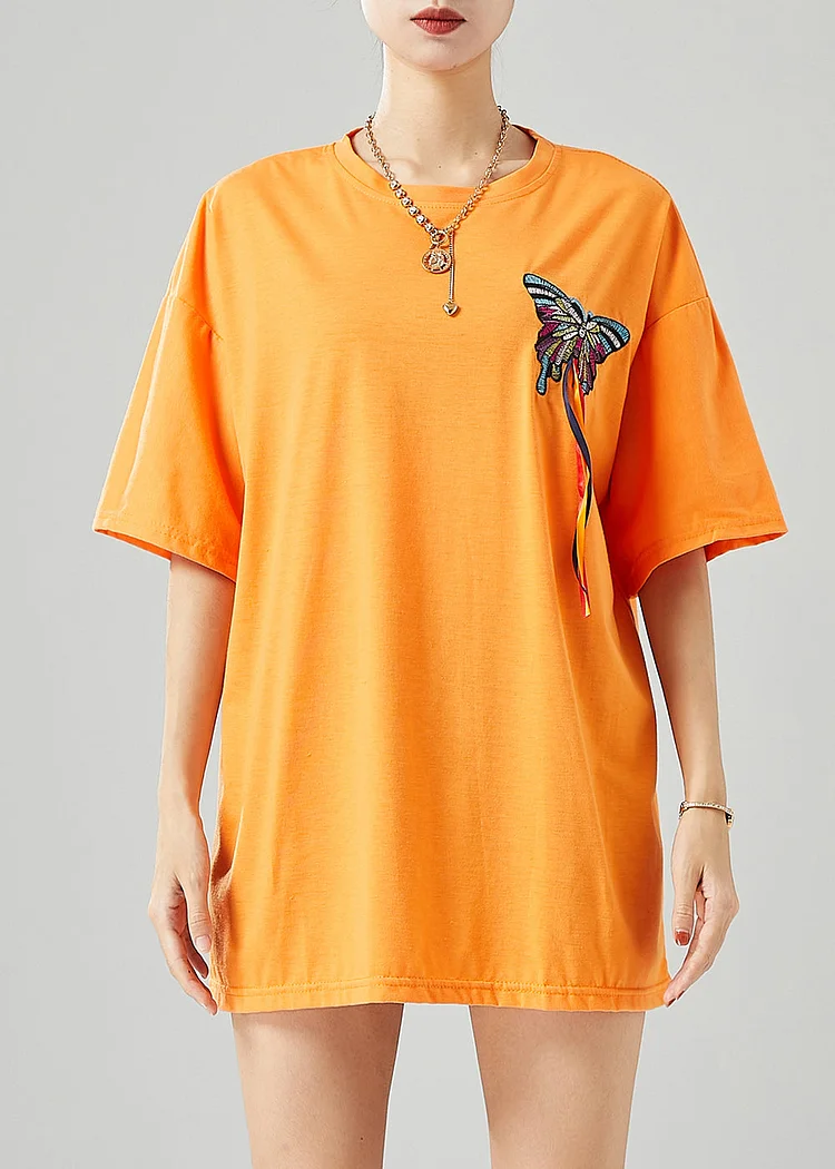 Simple Orange Embroideried Butterfly Tassel Cotton Tank Summer