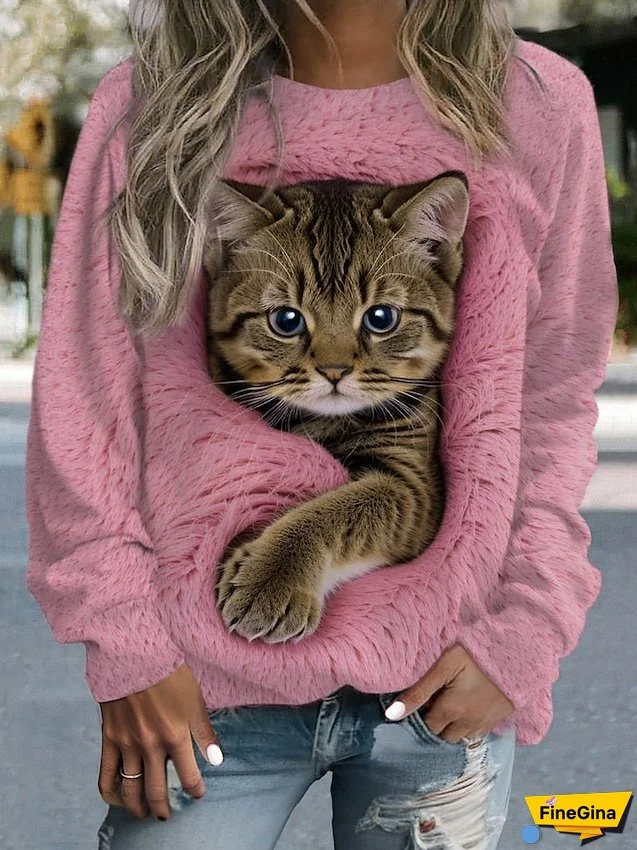 Women's Sweatshirt Pullover Cat Sportswear Funny Print Pink Blue Green Casual Sports Round Neck Long Sleeve Top Micro-elastic Fall & Winter