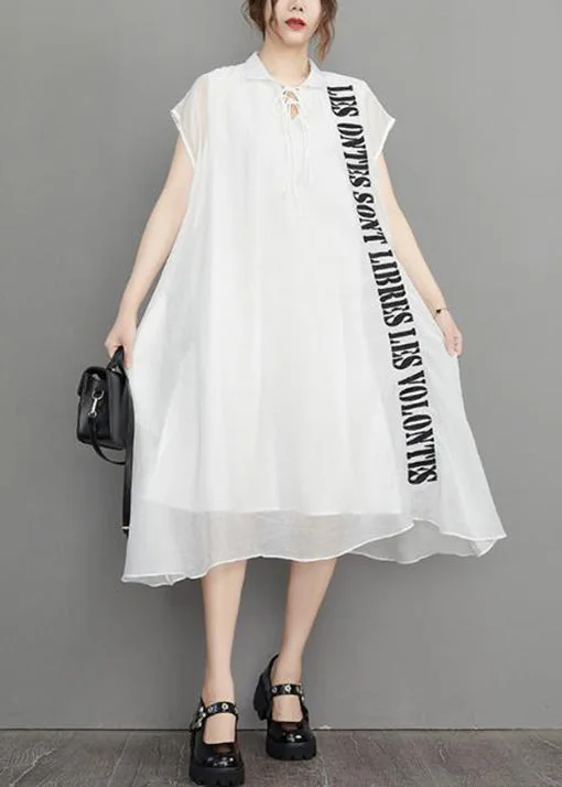 White Lace Up Silk Cotton Long Dress Embroidered Short Sleeve