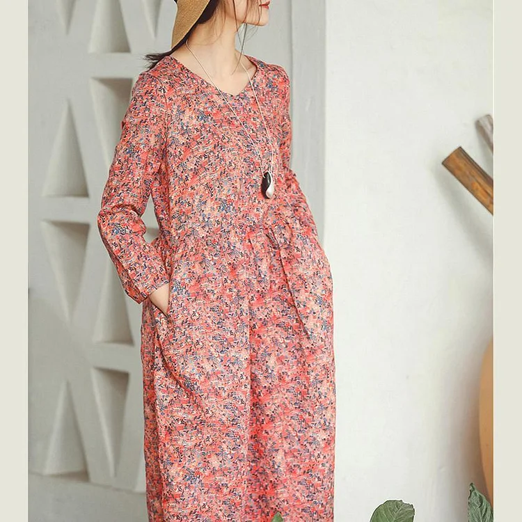 baggy red print linen dress plus size clothing holiday dresses vintage long sleeve baggy dresses O neck midi dress