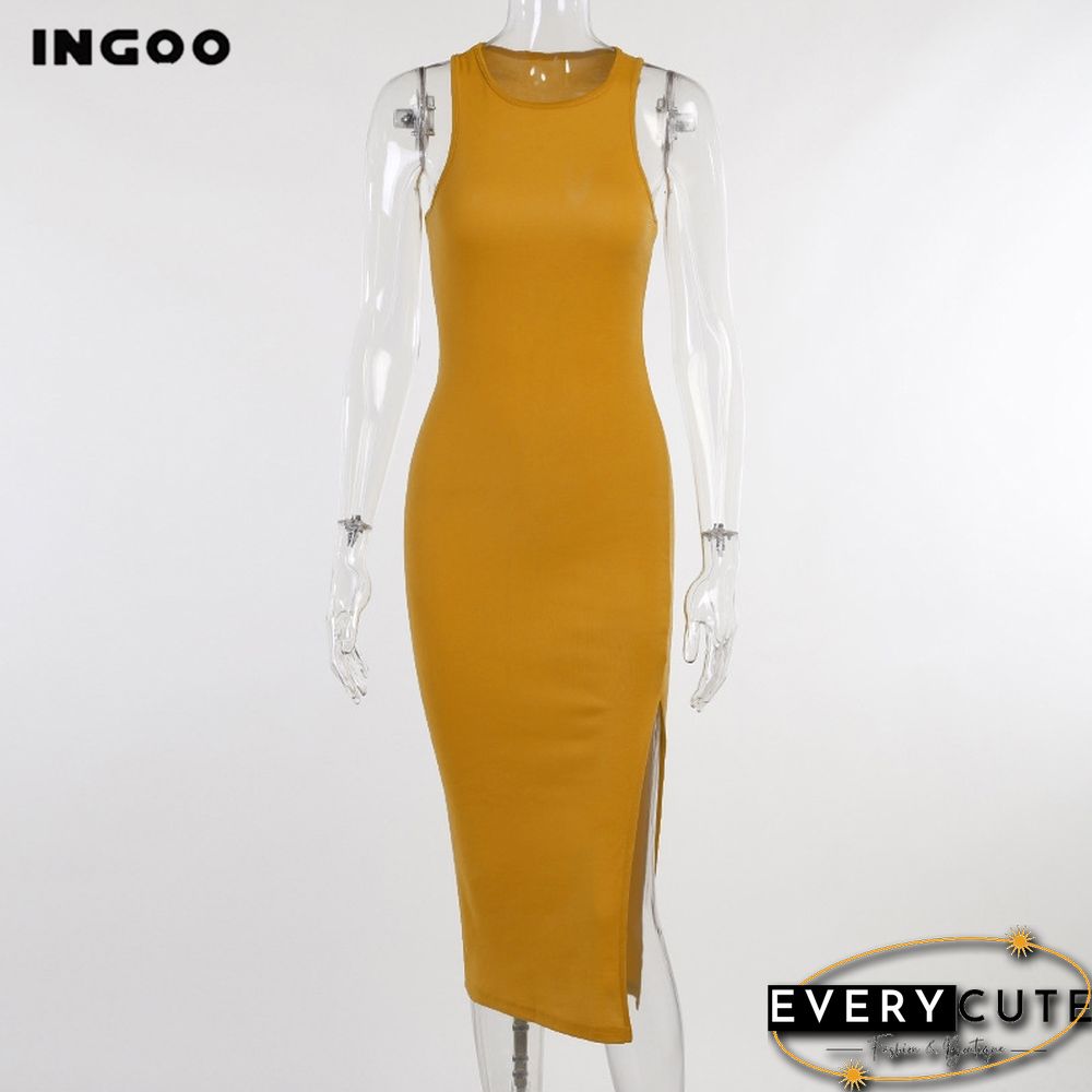 Bodycon Tank Dress Women Split Tight Commuter Long Robe Yellow Black Elegant Sundress Casual Office Knee Sheath Dresses