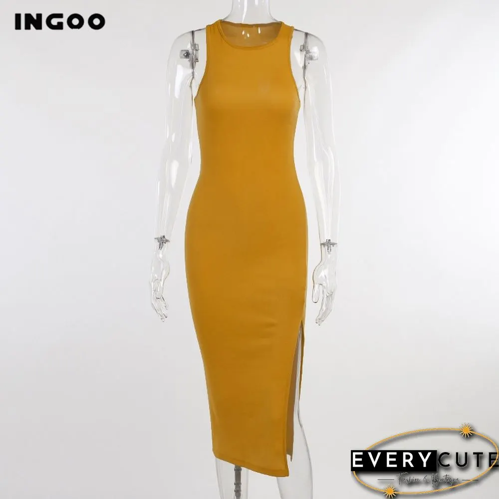 Bodycon Tank Dress Women Split Tight Commuter Long Robe Yellow Black Elegant Sundress Casual Office Knee Sheath Dresses