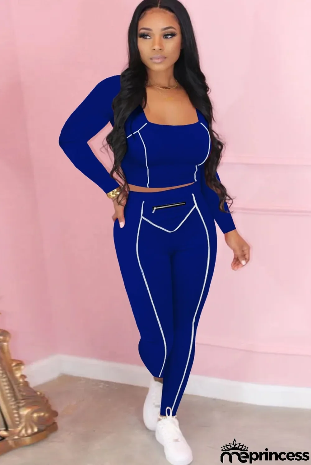 Fall Sexy Blue U-neck Crop Tight Top and Slim Pants Set