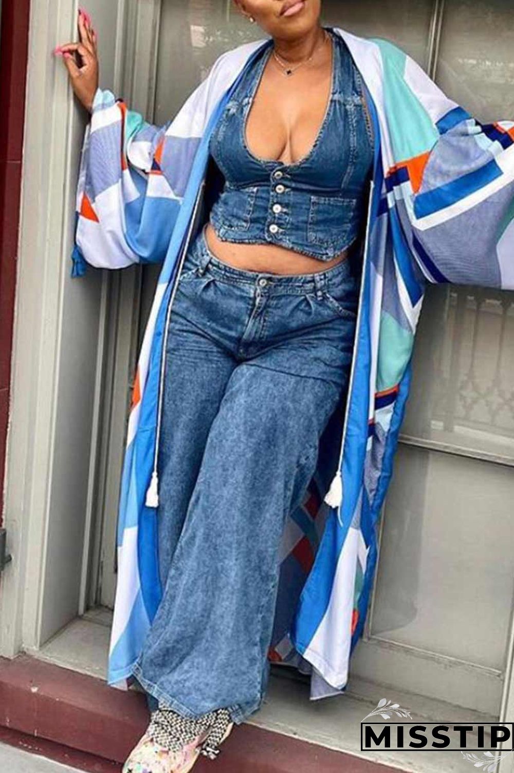 Red Fashion Casual Print Patchwork Outerwear(Without Belt)