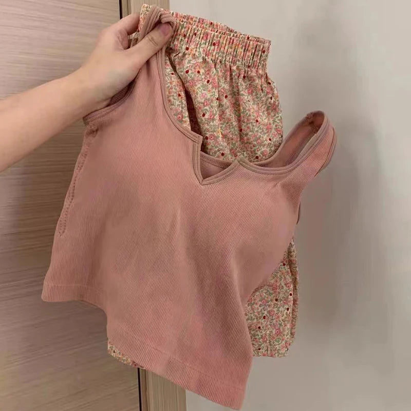 Floral Elastic Waist Pajama Vest With Padded Chest Pajama Pants Home Pants Summer Set For Women LANFUBEISI
