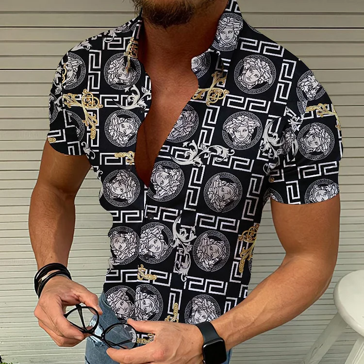 Geometric Patterns Printed Short Sleeves Casual Beach Men Blouse Shirts at Hiphopee