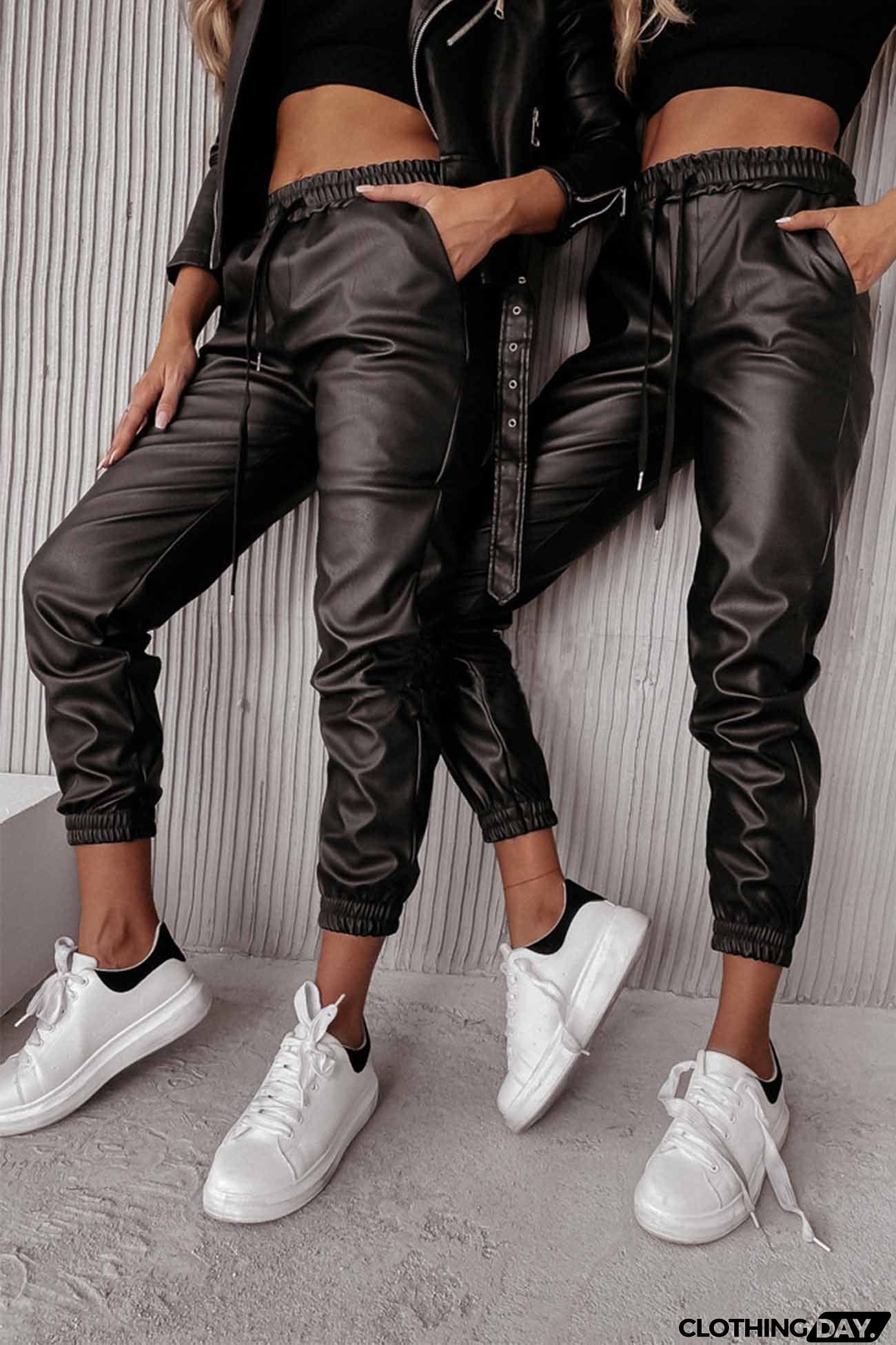 Drawstring Pocket Leather Jogger Pants