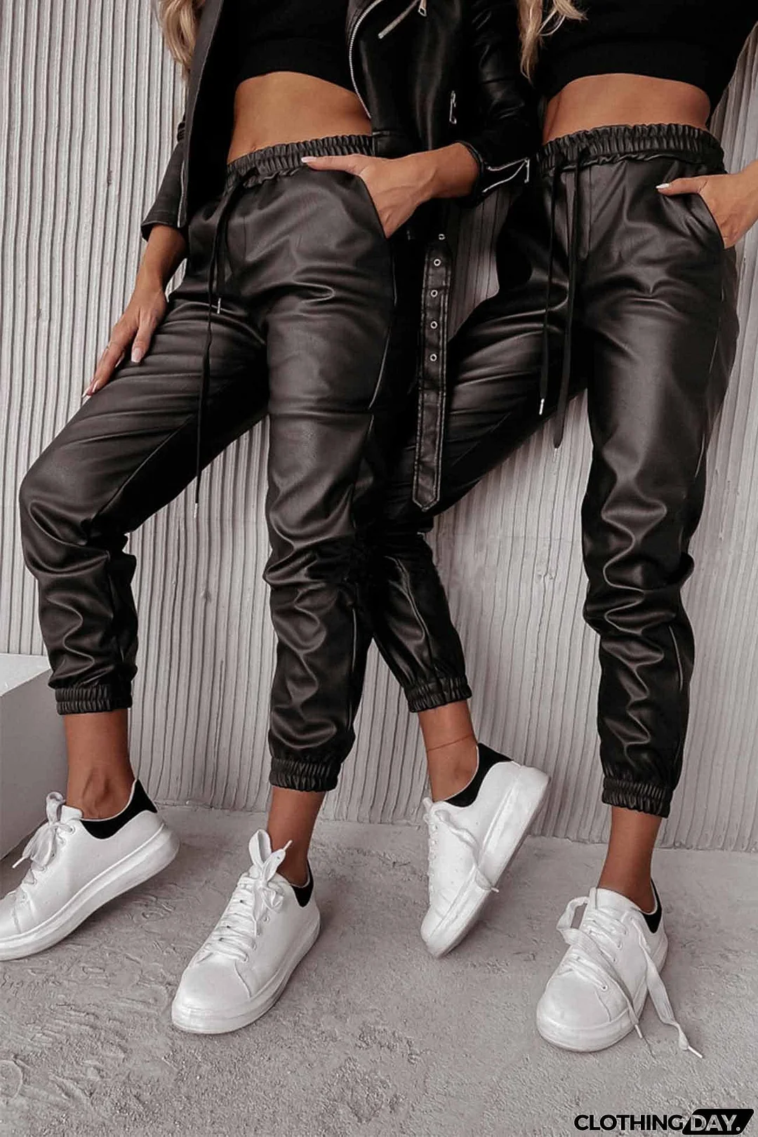Drawstring Pocket Leather Jogger Pants