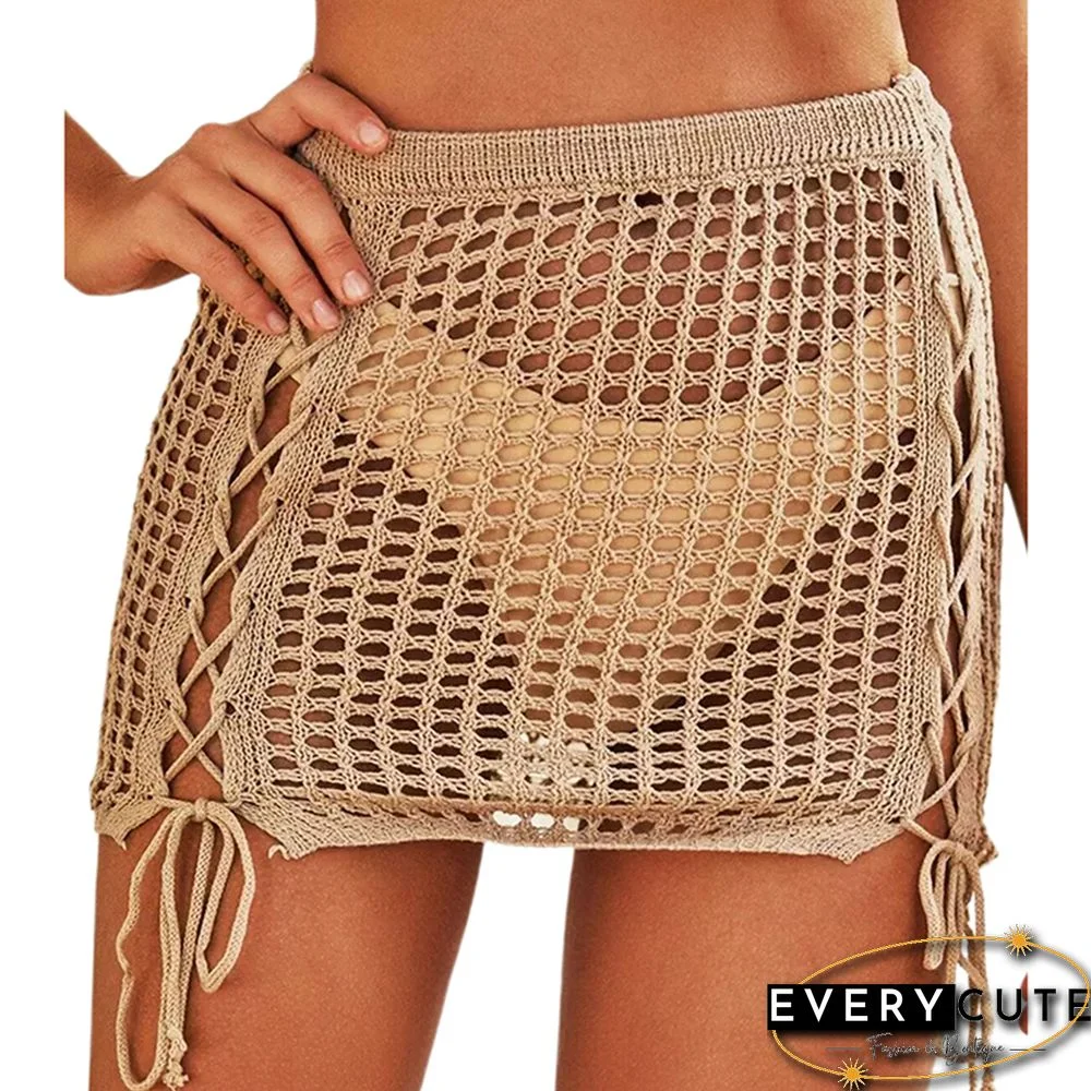 Khaki Hollow-out Side Drawstring Beachwear Mini Skirt