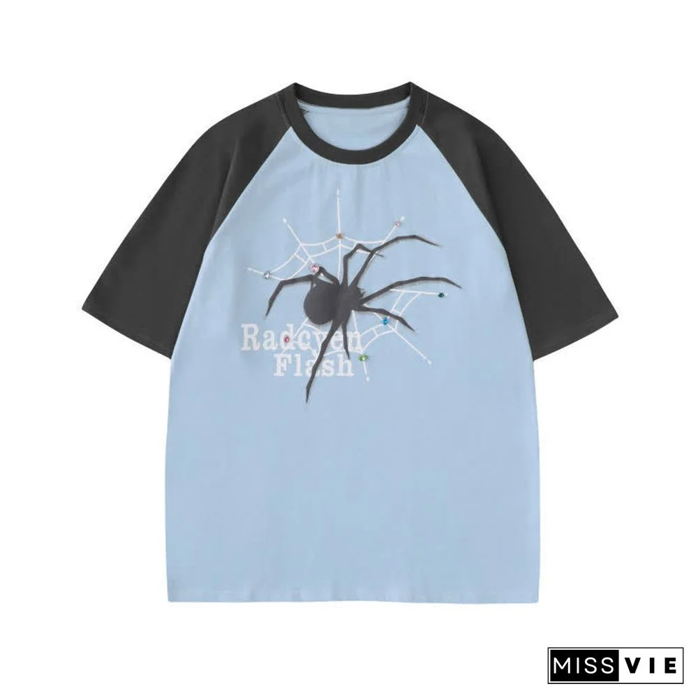 Letter Spider Print Round Collor Colorblock T-Shirt