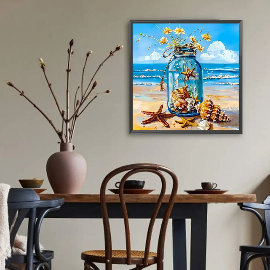 Beach Jar Full DIY 5D Square Drill Gem Art Diamond Painting Kits for Adults/Beginners Gift Idea Home Decor Diamond Dots Paintings Picture Arts Craft Crystal Art Paint by Diamond13.78x13.78in